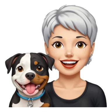 Pitt bull rottweiler white muzzle with black spots tongue out next to middle aged woman with short silver hair sticker