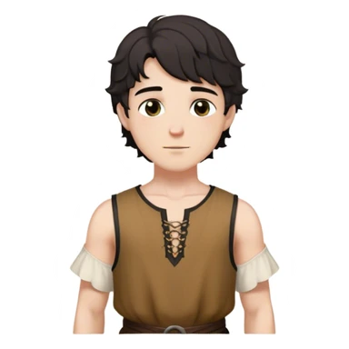 medieval summer outfit worn by a DnD themed fantasy male character. thin, sleeveless cotton tunic with a deep neckline and reinforced stitching around the shoulders. clothes only above the waist. The clothes full waist. The character's haven't arms. character is white-skinned, black hair, brown eyes, short wavy hair. sticker