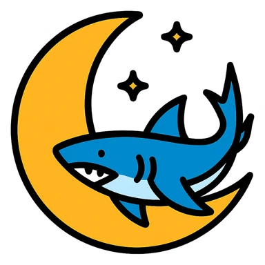 moon with a shark icon in lineal color with black outlines sticker