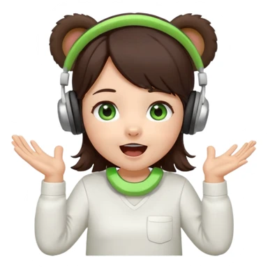 Chibi girl, dark brown hair, green eyes, wearing a white shirt and small brown bear ears on a headset, with wide happy surprised eyes and mouth and clapping excitedly sticker