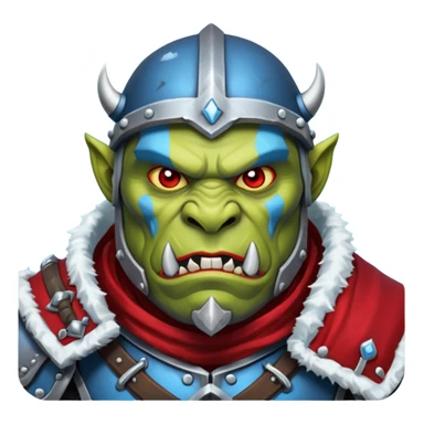 Fantasy Christmas orc legion soldier icon, iron tundra army theme, heavy winter armor, disciplined brutal look, dark icy steel armor with bold crimson cloth and markings, cold blue shadows, high contrast, clean emoji portrait style
 sticker