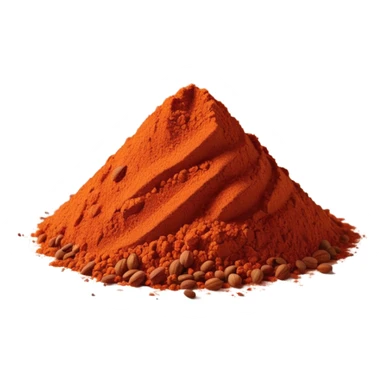 small scatter or mound of vibrant red-orange spice powder with slightly coarse flaky texture and matte finish, warm earthy color suggesting sun-dried peppers ground into fragrant flavorful dust, no bowl spoon or garnish, soft lighting, subtle shadows, emoji scale sticker