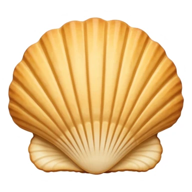 A madeleine pastry. Scalloped seashell shape with four to five vertical lines going in the same direction. Light golden brown. Scalloped edge. Cookie. Flat. sticker