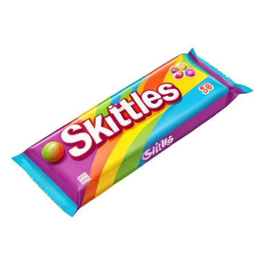 A 90s American Skittles candy package with bold colors, retro design elements, original 90s packaging with bright rainbow colors sticker
