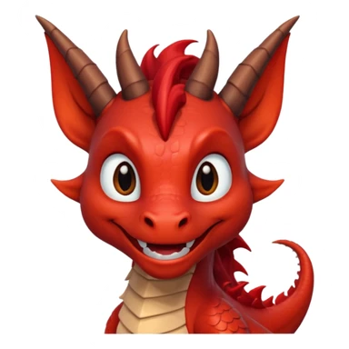 Cute Red dragon smile.  dark horns, pointed ears. Brown mane hair. Head only, Headshot sticker