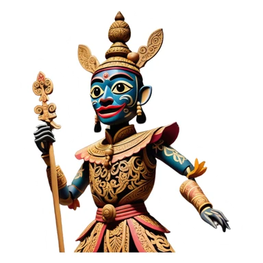 Golek Ayun-ayun – Cinematic Realistic Wayang Golek Ayun-ayun, depicted as an intricately carved traditional wooden puppet with vibrant painted details and expressive features, set on a dimly lit stage with dramatic shadows that evoke centuries of Indonesian theatrical heritage, rendered with lifelike textures and subtle ambient glow. sticker