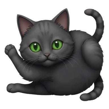solid dark grey cat with green eyes, completely solid grey face, white toes/paws playing rolling upside down sticker