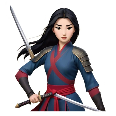 Cinematic Realistic Mulan Portrait, depicted with lifelike skin texture, soft natural lighting, and intricately detailed long black hair styled elegantly. Her deep, expressive eyes exude determination and grace, complemented by a serene yet confident expression. She stands with one hand resting on the hilt of her sword, the other by her side, exuding strength and poise. She is dressed in her classic attire, with rich fabric textures and delicate folds that catch the light beautifully. The portrait features a soft, enchanting glow with a natural, radiant finish, capturing the essence of timeless strength and beauty in a realistic and painterly style, evoking a sense of depth and authenticity. sticker