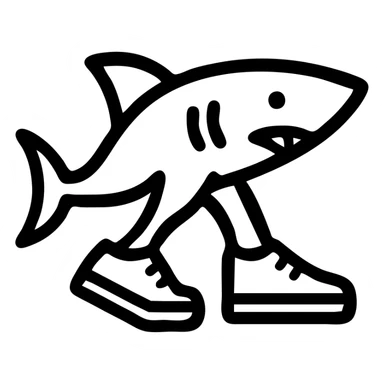 shoe-wearing shark, icon style, simple, bold lines, clear silhouette, minimal color, easily recognizable as an icon sticker