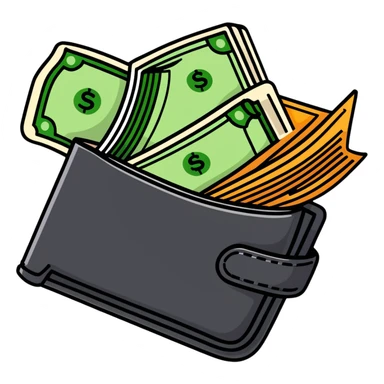 black leather wallet open with dollar bills inside and a small analog clock in top right corner floating above the wallet sticker