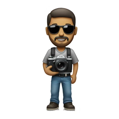 photographer holding a camera with sunglasses and a goatee sticker