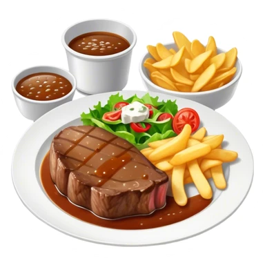 big juicy australian steak meal featuring chips, small salad in a ramiken and gravy  sticker