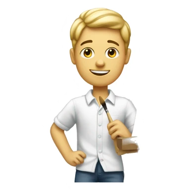 white boy holds little brush, an easel sticker