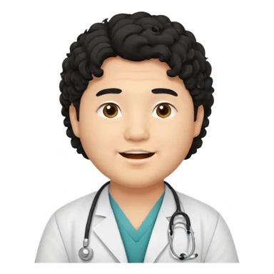 a young asian chubby male doctor with black long curly hair and cheerful face without gpasses sticker