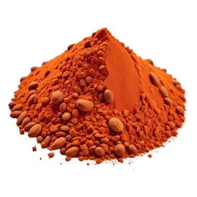small scatter or mound of vibrant red-orange spice powder with slightly coarse flaky texture and matte finish, warm earthy color suggesting sun-dried peppers ground into fragrant flavorful dust, no bowl spoon or garnish, soft lighting, subtle shadows, emoji scale sticker