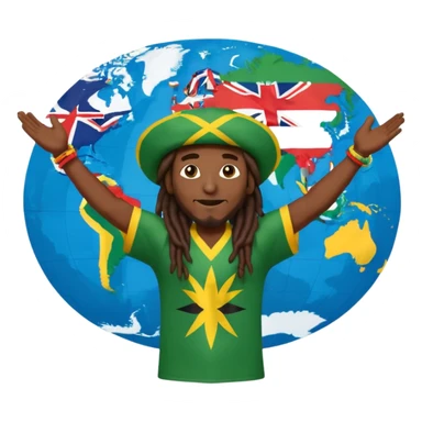 Rasta man with arms wide open 🙌🏾🔥 standing in front of world map 🌍🎶 with every flag 🇯🇲🇺🇸🇬🇧🇫🇷🇮🇳🇧🇷🇳🇬 saying ONE LOVE 💛💚❤️ to di world 🌐🦁 sticker