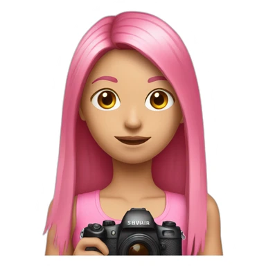 girl with long, straight rose hair and fringe and holding camera and wearing pink tank top sticker