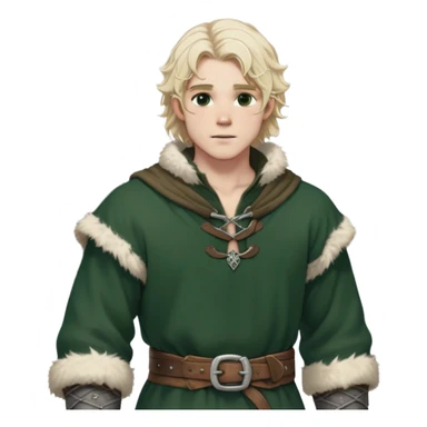 Medieval winter outfit worn by a DnD themed fantasy male character. Double-layered forest green wool tunic with bear fur lining, decorated with pewter toggle closures and a thick woven belt. Clothes only above the waist, full waist coverage. The character has no arms. Character is white-skinned with pale blonde hair, steel gray eyes, and medium-length wavy hair with frost-tipped ends sticker