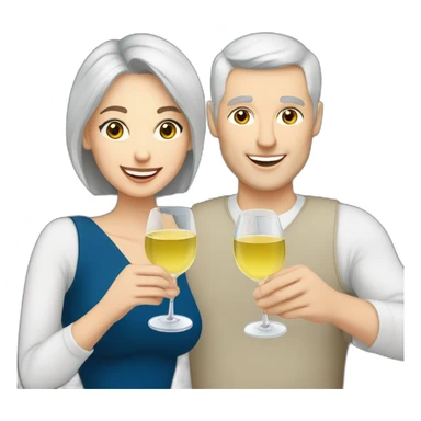 caucasian woman with brown eyes and blond short hair and a caucasian man with blue eyes and grey hair, toasting with a glass of white wine sticker