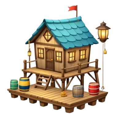 
fisherman house on a wooden pier, small dock, fishing nets hanging, barrels, lantern, ocean vibe, 3D cartoon, cute mobile game icon, clean background, no text
 sticker