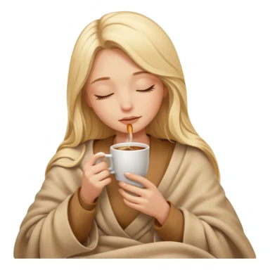 Blonde girl long hair inside a beige blanket sipping coffee eyes closed sticker