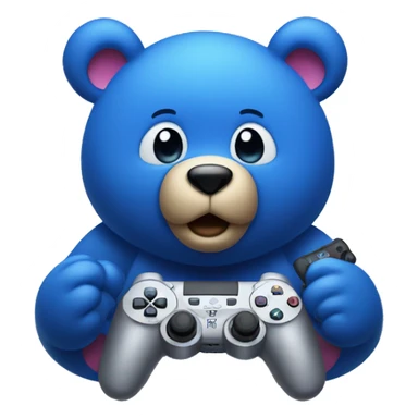 Blue colored bear holding a ps5 controller and making a surprised expression with his face sticker