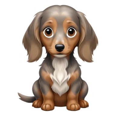Long haired dapple mini dachshund, tan, gray & black sitting and wanting food  sticker