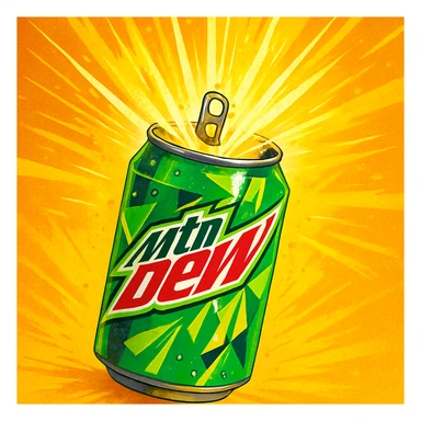 a can of Mountain Dew, vibrant and energetic, green and yellow colors, with sunshine rays bursting out when opened sticker