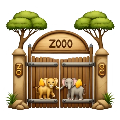 rustic wooden zoo gate with 'zoo' sign, surrounded by an elephant, lion, kangaroo, and monkey, traditional emoji style, not AI art sticker