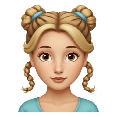 creative women with long dark Blond with highlights semi curly hair white women with hair in a top bun(one bun not two), oval shape face hazel eyes long lashes freckles on the nose high cheek bones sticker