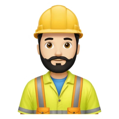 Man in yellow hi vis overalls, with black hair and full beard sticker