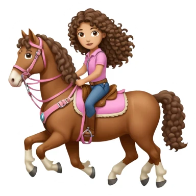 Realistic mixed race girl with long curly hair, riding a big draft horse (full body), wearing pink harness and saddle  sticker
