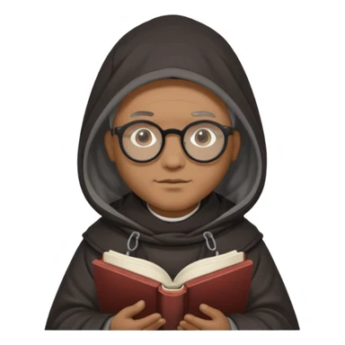 Monk priest prayer black habit with hood round black glasses done light brown wavy hair under hood remove the medallion smaller more round glassed age 46 no necklace more oval face hand holding book that says RB 480 top left is great add a little hair brown gray under hood  sticker