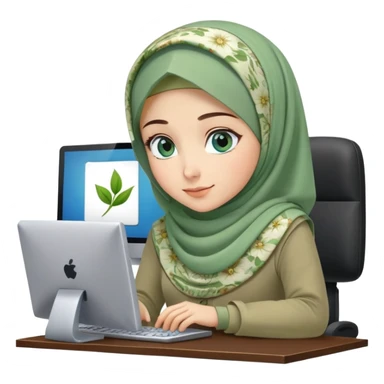 Turkish beautiful finish Konya girl blue eyes and green khaki hijab and light green floral dress and she work on office with computer sticker