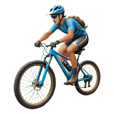 An icon featuring a mountain bike with thick tires on a rugged trail. A cyclist in a helmet rides downhill, kicking up dust. The background showcases a breathtaking mountain landscape with green slopes, rocky peaks, and a bright blue sky. Transparent background emphasizes adventure and speed sticker