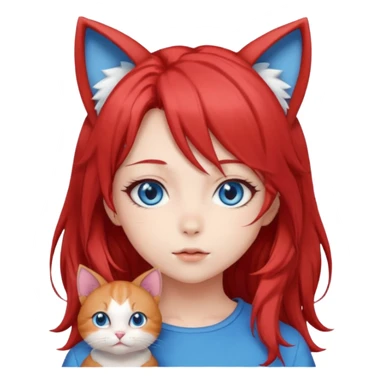 cute anime girl with cat ears, red blowing hair sticker