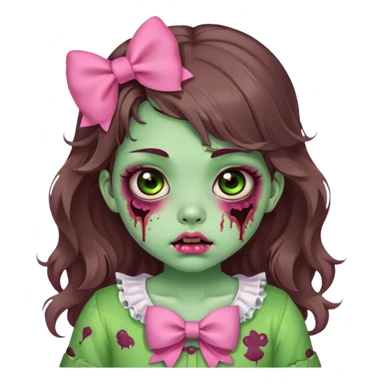 Zombie girl, long wavy brown hair, big doe brown eyes, cute chubby cheeks and lips, coquette / kawaii style, green zombie skin, bruises, pink clothes, bow   sticker