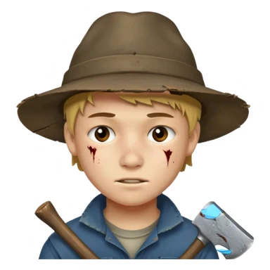 13 y/o Brian robeson at the beginning of Hatchet
distressed, has hatchet, small scratches(no bleeding type) on face, no blood on hatchet sticker