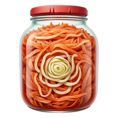 Shredded Kimchi Cinematic Realistic Kimchi Dish Emoji, depicted as spicy, fermented cabbage with vibrant red hues neatly served in a traditional jar, rendered with dynamic textures and bold, appetizing lighting. sticker