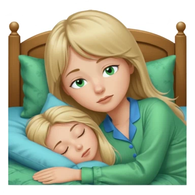 Woman with blue eyes and long dark blond hair and a bang, sleeping in bed  with green pyjama sticker
