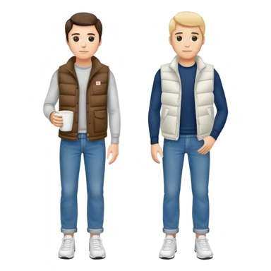 full body man with plain puffy vest with no pockets over long sleeved shirt wearing straight levi boyfriend style blue jeans and tennis shoes holding coffee mug in his hand sticker