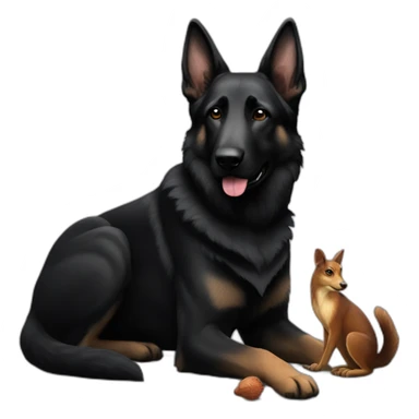 All black German shepherd with squirrel sticker