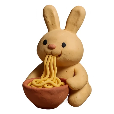 beige bunny happily slurping noodles in claymation style sticker