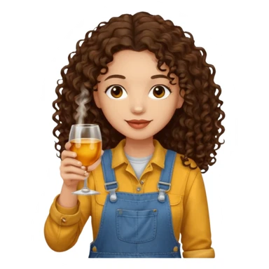 Curly haired curl with long dark brown hair and light skin in overalls toasting with alcohol  sticker