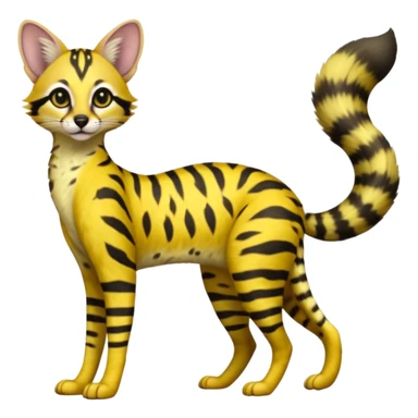 Lanky slender beautiful elegant spotted hype-realistic, black-maned, vibrant yellow Genet-Serval-Civet-fusion-hybrid-furry-fursona, full body, with a long puffy fluffy black-and-white-striped tail sticker