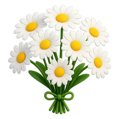 3D iOS-style bouquet of daisies, vibrant white petals, yellow centers, no background sticker
