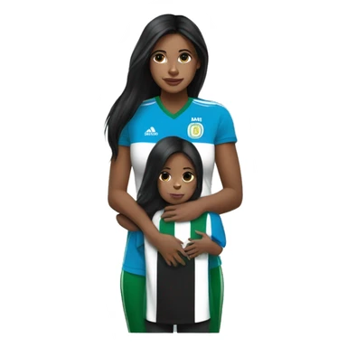 Girl with long black hair wearing a half Argentina half Nigerian jersey holding a baby  sticker