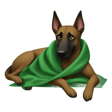 Dark Belgian malinois is sleeping with green blanket  sticker
