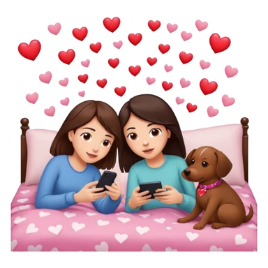 A girl with dark brown hair, layed on her bed with her dog, who who is medium brown playing on her phone with her boyfriend with her PlayStation laying beside of her heart is flying all around sticker