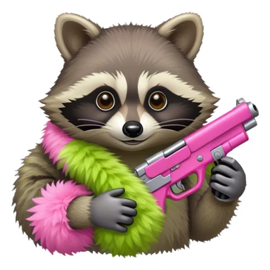 Raccoon wearing a lime green boa holding a pink gun sticker